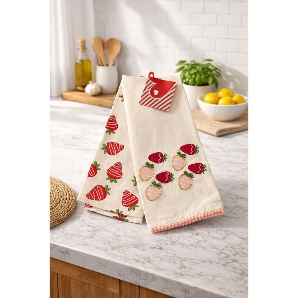 New Set 2 Valentines Day Love Pink Covered Strawberry Beaded Kitchen Towels